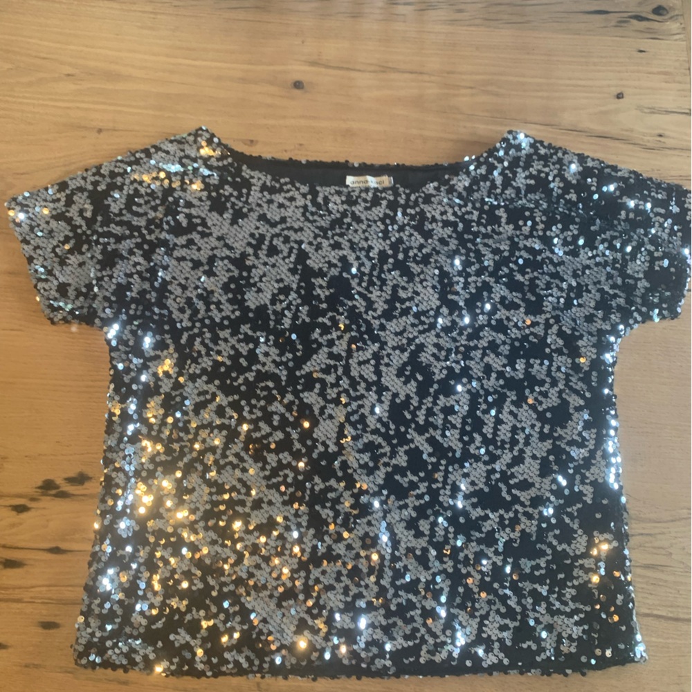 Anna-Kaci Silver Sequin Short Sleeve Top Women’s XL Preloved
